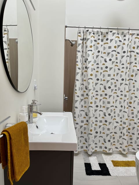 Combined shower/tub, hair dryer, towels