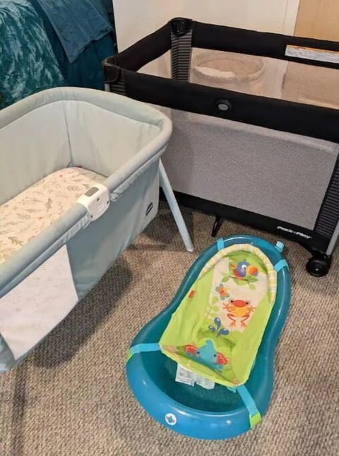 Basinet, infant bathtub, and pack-n-play.