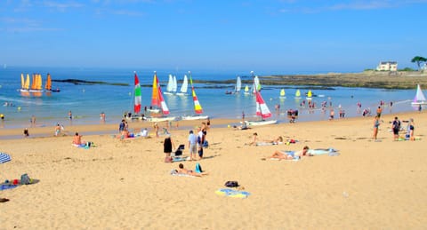 On the beach, sun loungers