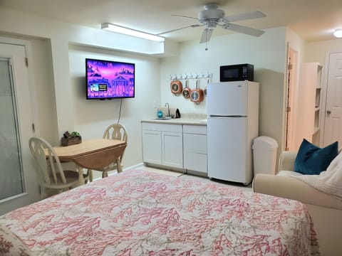 View of the kitchenette and tv from the bed, which is on a swivel mount!