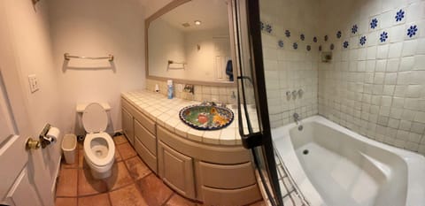 Combined shower/tub, towels, shampoo