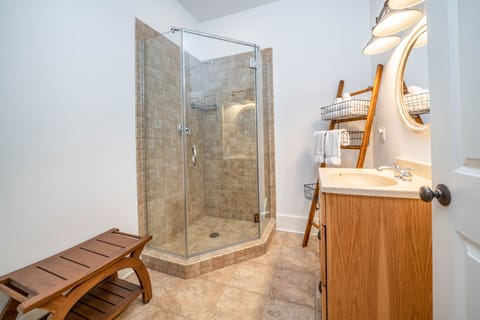 Combined shower/tub, hair dryer, towels