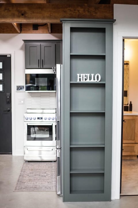 View from living room looking into kitchen and bathroom