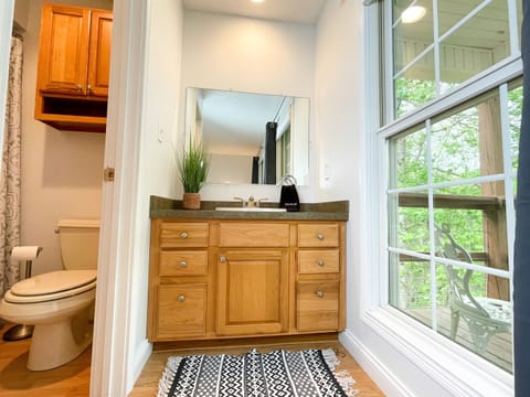 Combined shower/tub, hair dryer, towels