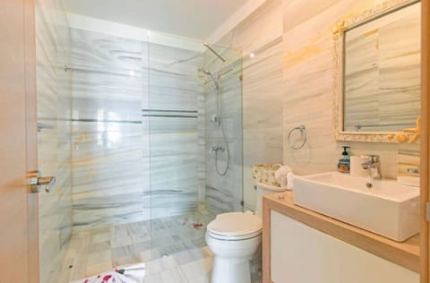 Combined shower/tub, hair dryer, towels, soap