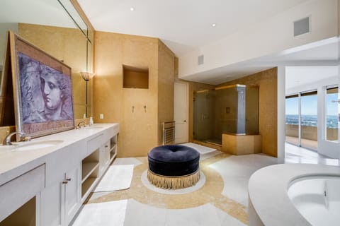 Shower, jetted tub, hair dryer, bidet