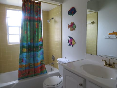 Combined shower/tub, hair dryer, towels