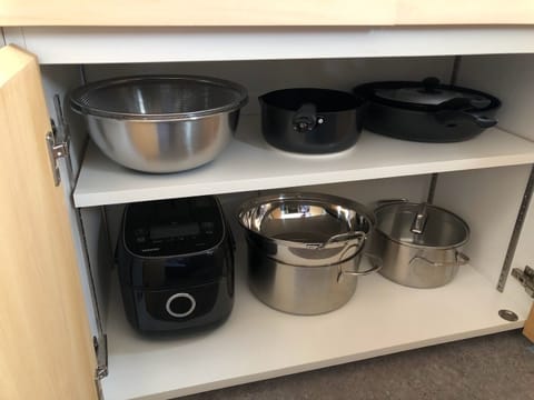 Fridge, microwave, stovetop, cookware/dishes/utensils