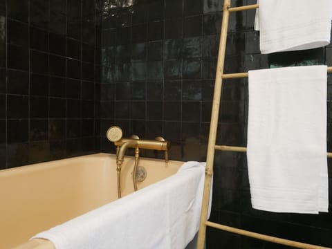 Combined shower/tub, towels