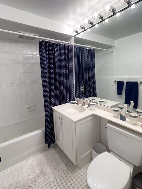 Combined shower/tub, hair dryer, towels, soap