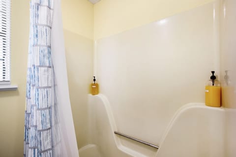 Combined shower/tub, hair dryer, towels, shampoo