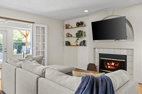 Smart TV, fireplace, books