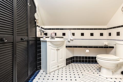 Combined shower/tub, hair dryer, towels, soap