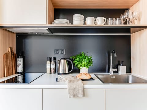 Fridge, stovetop, toaster, cookware/dishes/utensils