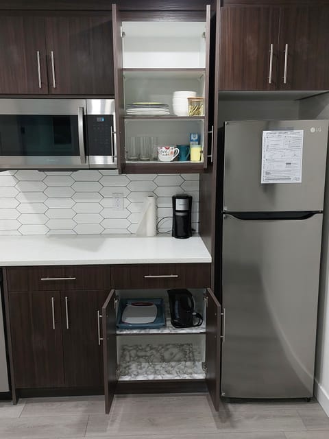 Fridge, microwave, dishwasher, coffee/tea maker