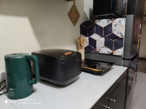 Fridge, microwave, stovetop, electric kettle