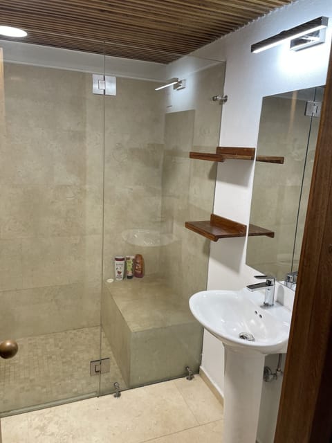 Combined shower/tub, hair dryer, towels, soap