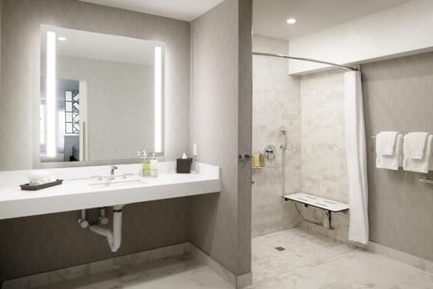 Full bathroom with a shower. Basic toiletries and towels are provided