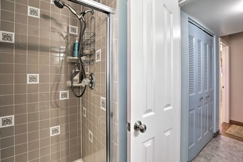 Shower, jetted tub, hair dryer, towels