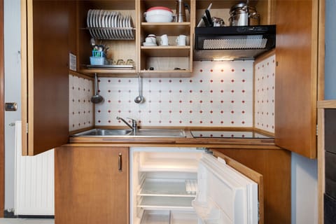 Fridge, stovetop, cookware/dishes/utensils