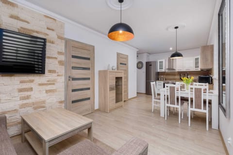 A similar perspective of the living room showcasing the open layout and dining area in the background.