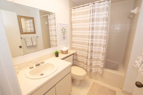 Combined shower/tub, hair dryer, towels