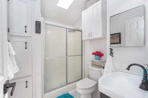 Guest bathroom with vanity, shower and toilet