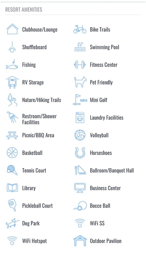 A list of all the wonderful amenities the Coachmen resort offers
