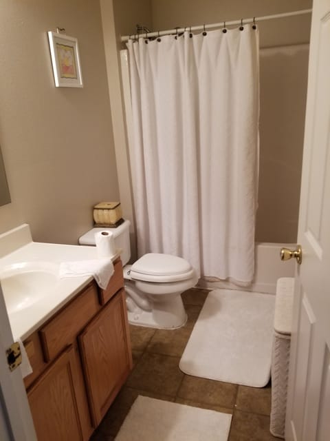 Shower, jetted tub, hair dryer, towels