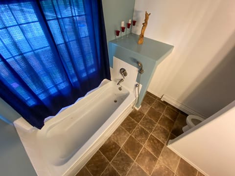 Shower, jetted tub, hair dryer, towels