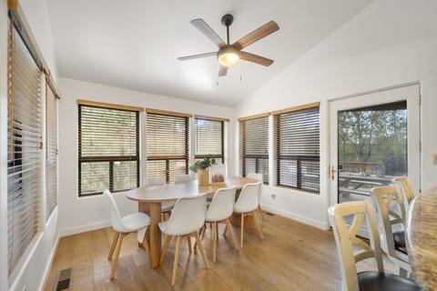 The dining room allows guests to gather comfortably for meal times.