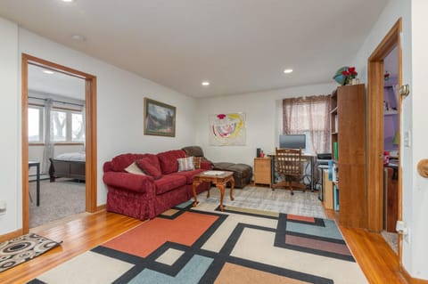 Smart TV, fireplace, books