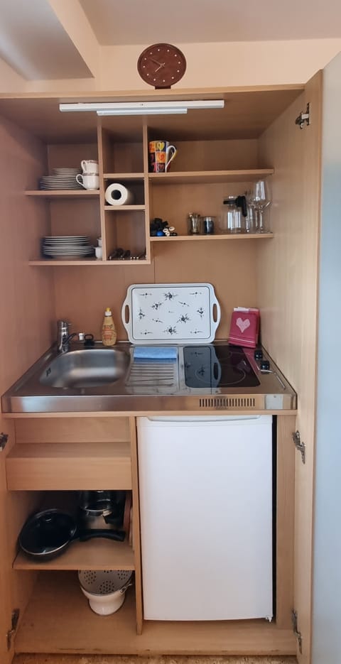 Fridge, stovetop, coffee/tea maker, electric kettle