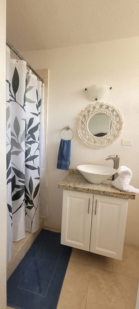 Combined shower/tub, hair dryer, towels, toilet paper