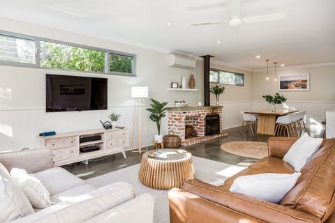 TV, fireplace, books