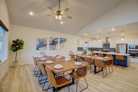 Dining tables seat 16, plus 5 bar seats and additional 8-person seating outside