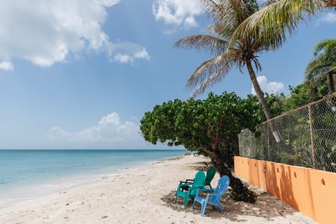 On the beach, sun loungers, beach towels