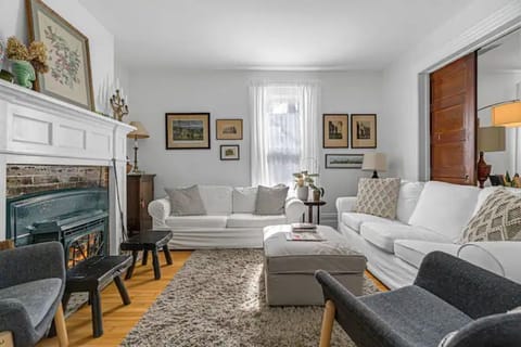 Second living room with cast iron fireplace