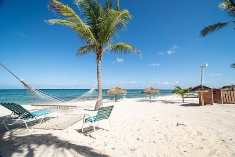 On the beach, sun loungers