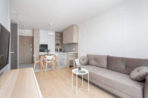 Living room with a comfortable sofa bed, TV and kitchenette with dining area.