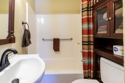 Combined shower/tub, hair dryer, towels