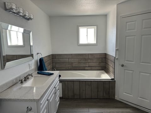 Shower, jetted tub, hair dryer, towels