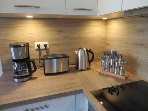 Fridge, oven, stovetop, coffee/tea maker