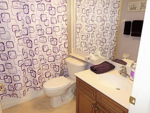 Combined shower/tub, hair dryer, towels, soap