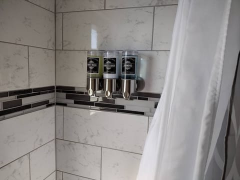 Combined shower/tub, hair dryer, towels