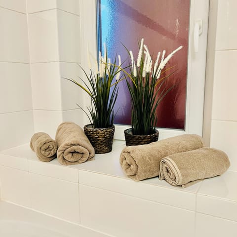 Combined shower/tub, hair dryer, towels