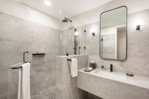 Combined shower/tub, hair dryer, towels