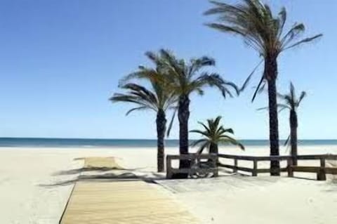 Beach nearby, sun loungers