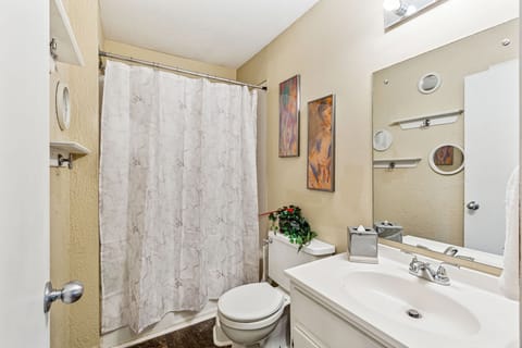 Combined shower/tub, hair dryer, towels, soap