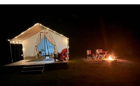 Stay warm next to the fire and propane heating inside